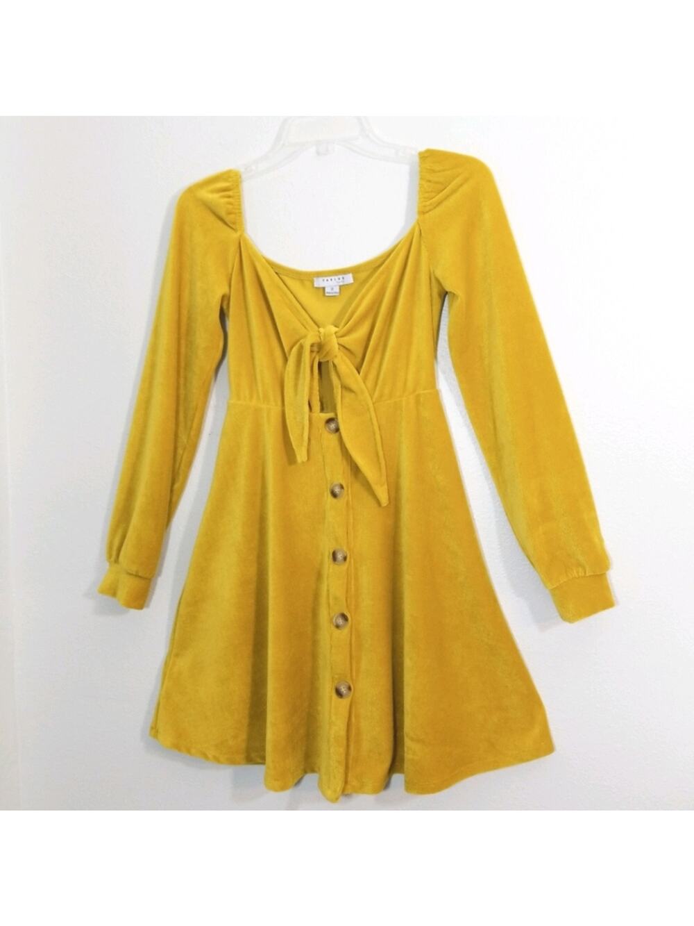 Favlux mustard ribbed velour keyhole tie dress S